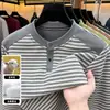 Moletom Henley de lã mista para homens, coleção outono/inverno 2026, camada base térmica listrada, camiseta de manga longa