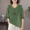 Blusas de Manga Corta de Verano, Camisas Sueltas de Seda y Lino, Tops Delgados de Estilo Retro para Mujer, Bordados, Sudeste Asiático, Otros