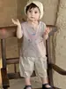 Conjunto de Duas Peças Calça Estampada de Manga Curta para Meninos Verão 2026 Roupas de Desenho para Bebês Estilo Fino Roupa de Manga Curta para Meninos de Um Ano