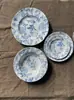 Porcelana amarilla vintage original con motivos florales azules, plato para bistec estilo francés, plato plano, plato hondo, taza y plato para el té de la tarde, decoración bajo vidriado