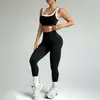 Conjunto de roupa de yoga europeu e americano transfronteiriço para mulheres, top esportivo color blocking, costas bonitas, calça longa de cintura alta que levanta o bumbum, conjunto de roupa para fitness