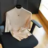 Suéter de punto para mujer, 100% lana fina, lavable a máquina, cuello semi-alto, manga media, corte ajustado, capa base favorecedora para otoño H081306