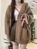 Casaco de tricô cinza de comprimento médio para mulheres outono e inverno outerwear estilo japonês preguiçoso retrô estilo leitoso usar macio pegajoso cardigã de tricô