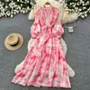 Vestido A-line con Estampado Floral Francés, Manga Larga, Cordones en la Cintura para Ceñir, para Mujer, Suave, Romántico, Rejuvenecedor, Tacto de Alta Gama, Falda Larga