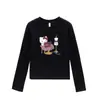 Estilo Novo Primavera e Outono Top de Algodão Puro com Ombro Normal e Gola Redonda, Camiseta Slim de Manga Longa Redutora de Idade com Estampa Cartoon Gatinha Kt para Mulheres