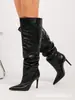 Botas de couro de cano alto e salto alto europeias e americanas transfronteiriças, novo estilo outono e inverno, bico fino, salto agulha, botas longas acima do joelho, cor sólida, couro texturizado, design simples