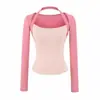 Camiseta ajustada de manga larga para mujer, color rosa melocotón, con paneles, estilo dos piezas falsas, top dopamine American chic hot girl, otoño 2026