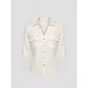 Camisa Blanca de Lino Estilo Francés Estilo Old Money para Mujer, Verano Alta Gama Casual Algodón-Lino Camisa que Ceñe la Cintura con Mangas Medias