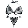 Ropa Interior Sexy de Malla Transparente Bordada Traje de Bikini de Tres Puntos Talla Grande Espalda Descubierta con Tirantes Cuatro Estaciones Tentadora para Mujeres