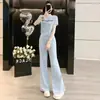 Conjunto Esportivo Casual de Alta Qualidade Moda Europeia para Mulheres Verão Elegante Redutor de Idade Manga Curta Calça de Pernas Largas Conjunto de Duas Peças Tendência
