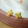 Pendientes de Plata S925 Chapados en Oro Forma de Trébol de Cuatro Hojas Esmeralda Africana Diseño Simple de Nicho Pendientes Clásicos Elegantes Versátiles