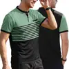 Camisa Polo de Manga Corta con Cuello Redondo y Estampado de Rayas Color-Block para Hombre de Verano Ropa Masculina Casual de Negocios Europea y Americana Amazon Transfronterizo
