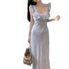 Vestido Azul Floral Romántico Francés con Mangas Cortas Volantes Verano 2026 Nuevo Estilo Estilo Suave Vestido Largo para Vacaciones en la Costa para Mujeres