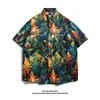 Camisa artística de verão soltinha com estampa floral, gola quadrada, moda jovem masculina da moda, mangas três quartos da moda