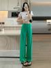 Pantalones de pierna ancha de seda de hielo estampada de alta calidad para mujer, verano, delgados, de cintura alta, con sentido de dosificación, longitud pequeña estrecha, casuales rectos