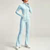Conjunto de yoga de doble cara cepillado estilo Lulu para mujer, chaqueta con cremallera dorada, conjunto de pantalones de tiro alto que levantan los glúteos y microacampanados