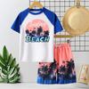 Roupa de Banho Infantil Meninos Roupa de Banho Dividida 2025 Nova Estampa de Coqueiro Manga Curta Shorts de Praia Roupa de Banho Meninos