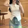 Top de punto fino de manga corta con cuello redondo de seda helada para mujer, nuevo estilo primavera y otoño, elegante chaleco top ajustado para llevar debajo