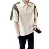 Camiseta de Verano de Manga Corta de Gama Alta para Hombre, Marca de Moda, Top Pulóver con Cuello Campana Estilo Ins, Camisa Polo Bloqueada por Color, Ropa Interior de Moda de Media Manga