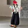 Conjunto de Roupa Infantil para Meninas: Camiseta de Manga Curta de Verão e Calça Pantalona - Conjunto de Três Peças