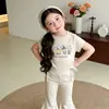 Conjunto de Calça Flare Dopamina para Meninas com Camiseta de Manga Curta, Calça Longa Fina de Verão, Estilo Elegante e Doce para Crianças Pequenas do Jardim de Infância