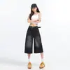 Calça Jeans Cropped Wide Leg Preta Estilo Americano para Mulheres, Nova Verão Vintage Cintura Alta Solta Emagrecimento Reta Casual Comprimento Médio