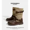 Botas Fashion Patchwork de Couro de Vaca Retrô Femininas 2026 Moda Outono Sola Grossa Botas Cavaleiro Fivela de Cinto Botas franzidas até o meio da panturrilha