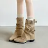 2026 Hebilla Nuevo Milenio Tacón Apilado Botas de Media Caña Retro para Mujer Puntiagudas Tacón Grueso Botas de Jinete Adelgazantes Plisadas