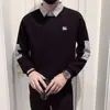 Moletom com Gola de Camisa Patchwork Falso Duas Peças Estilo Coreano para Homens, Outono Casual Tendência Moda Versátil Estiloso Top
