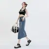 Saia Midi Jeans Nova Estilo Europeu e Americano, Cintura Alta, Confortável, Saia Evasê Emagrecedora para Mulheres Baixas