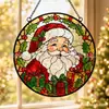 Vitral de Natal Apanhador de Sol Ornamento Redondo para Pendurar na Janela Papai Noel Boneco de Neve Árvore de Natal Ornamento de Vidro