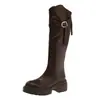 Couro legítimo, marrom Melard, corte em V, botas acima do joelho, botas femininas de salto grosso, efeito emagrecedor, com zíper traseiro, botas de equitação
