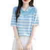 2025 Verano Nuevo Tencel Lyocell POLO Cuello Camiseta de Punto Manga Corta Camiseta para Mujer Rayada Combinación de Colores Camiseta Básica