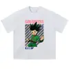 Marca de moda urbana Camiseta de cuello redondo Lavada desgastada Manga corta Estampado de personaje de anime Holgada Oversize Manga larga