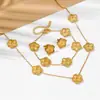 Brincos de tarracha flor de cinco pétalas em aço titânio pulseira colar conjunto concha de madrepérola flor de cinco folhas conjunto de joias em aço inoxidável não desbota feminino