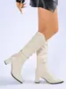 Botas Femininas de Cano Alto 2025 Novas Botas de Moda Outono e Inverno Europeias e Americanas Tamanho Grande Salto Alto Cor Sólida Bico Fino Slip-On Botas Amassadas