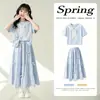 Conjunto de Moda Feminino Verão Novo Estiloso Camiseta de Manga Curta para Crianças Roupas de Verão para Crianças Maiores Conjunto Casual de Duas Peças