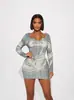 Exportação Transfronteiriça Roupas Femininas Moda Europeia e Americana Estiloso Estampa de Retrato Slim Fit Cintura Baixa Vestido Longo de Manga Longa Justo