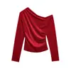 Moda Europeia e Americana Transfronteiriça 2025 Nova Coleção Outono Roupas Femininas Elegante e Versátil Veludo Slim Design Assimétrico Camiseta Plissada