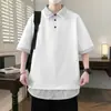 Novedad de Verano Camisa Polo de Dos Piezas Falsas con Retazos a Cuadros Cuello en V para Hombre Camiseta Casual Holgada de Manga Corta Fresca Talla Grande Manga Tres Cuartos