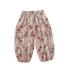 Pantalones Antimosquitos Rosas para Niñas, Estilo Delgado de Verano, Nuevos Pantalones de Linterna Florales de Moda, Pantalones Jogger Casual Elegantes
