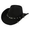 Sombrero Vaquero Occidental de Fieltro Negro Estilo Punk Decoración de Cinturón con Remaches Perforados Sombrero de Otoño Sombrero de Fiesta para Mujer