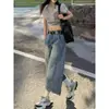 Pantalones cortos de mezclilla lavada estilo retro americano, talla grande, de calle, para mujer, de verano, holgados, casuales, versátiles, de pierna ancha