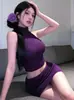 Miu Sexy Chica Atrevida Conjunto de Punto Sexy sin Espalda para Mujer Verano Cintura Alta Ajustado Adelgazante que Realza la Figura Minifalda Conjunto de Dos Piezas