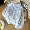 Foto Real Camisa Feminina com Laço Francês e Design de Renda em Corda, Elegante, Redutora de Idade, Base para Roupa, Top da Moda