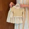 Dulce HermanitaSuave y linda~ Nuevo estilo de otoño para niñas: Camiseta de manga larga de dos piezas falsas y bloomers de lunares de moda