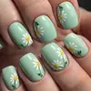 Uñas postizas de margarita pequeña color verde menta cuadradas cortas uñas hermosas flores blancas hojas verdes frescas removibles uñas postizas terminadas