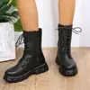 Botas de Talla Grande para Mujer de Comercio Exterior 2026 Otoño/Invierno Nuevas Punta Redonda con Cordones Tacón Grueso Tacón Bajo Botas Martin Botines de Motocicleta para Mujer