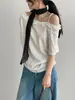 Camiseta corta de verano con volantes en los hombros y manga corta para mujer, estilo coreano versátil, top juvenil sin hombros 3572