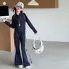 Conjunto Deportivo para Niñas 2026 Nuevas Llegadas de Otoño para Niños Medianos y Mayores Chaqueta de Cuello Redondo Ajustada Pantalones Micro-acampanados con Cordón Conjunto de Dos Piezas